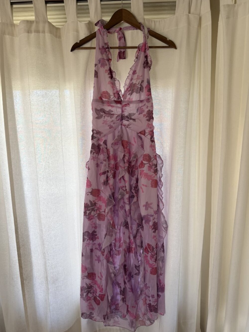 Lavender Pink Floral Halter Deep V Ruffle Maxi Dress Chiffon Wedding Guest